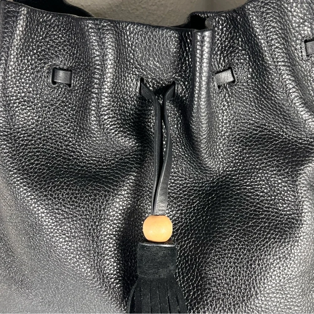 Elizabeth and James Teddy Leather Hobo Handbag Black Drawstring Single Strap